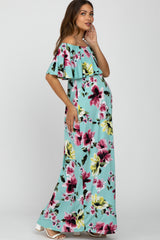 Mint Green Floral Off Shoulder Maternity Maxi Dress