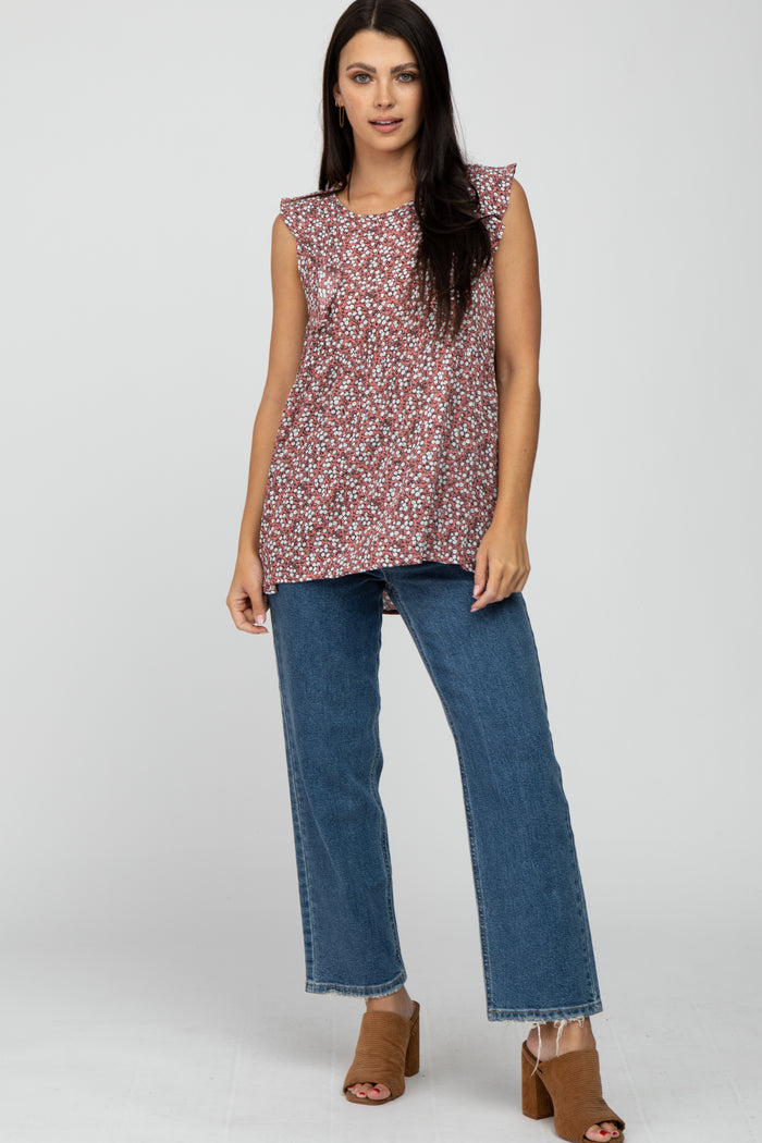 Pink Floral Ruffle Front Tank Top