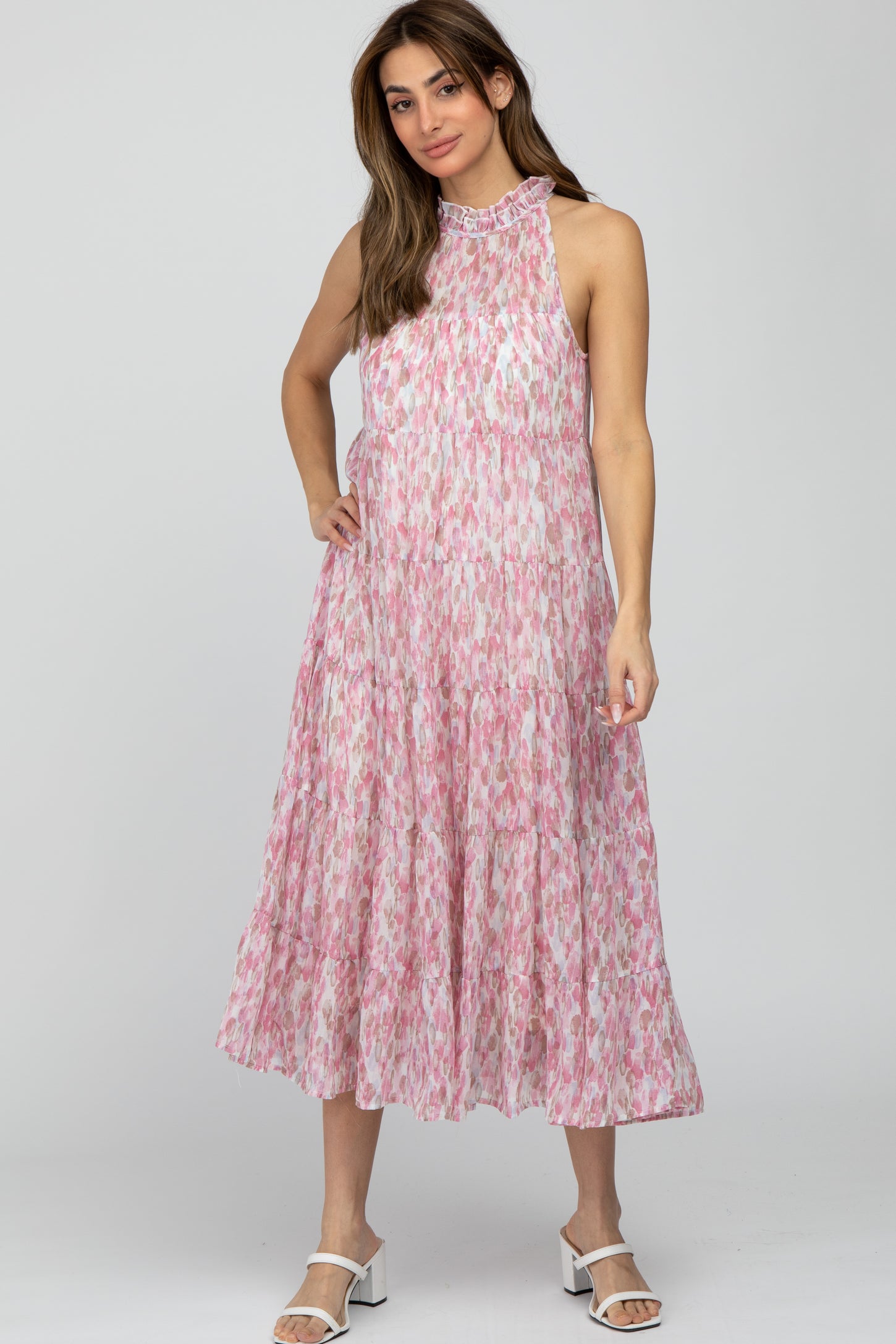 Pink Printed Sleeveless Tiered Maternity Midi Dress