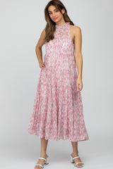 Pink Printed Sleeveless Tiered Maternity Midi Dress