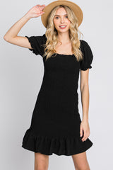 Black Smocked Puff Sleeve Dress