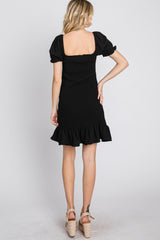 Black Smocked Puff Sleeve Dress