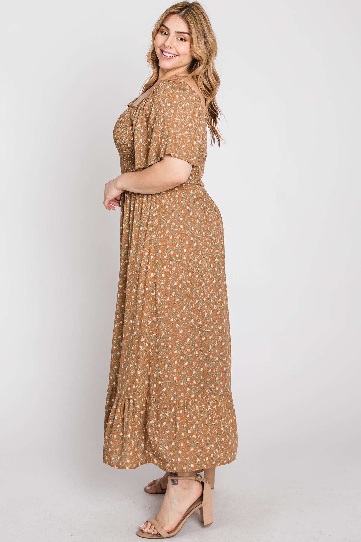 Camel Floral Smocked Square Neck Plus Midi Dress