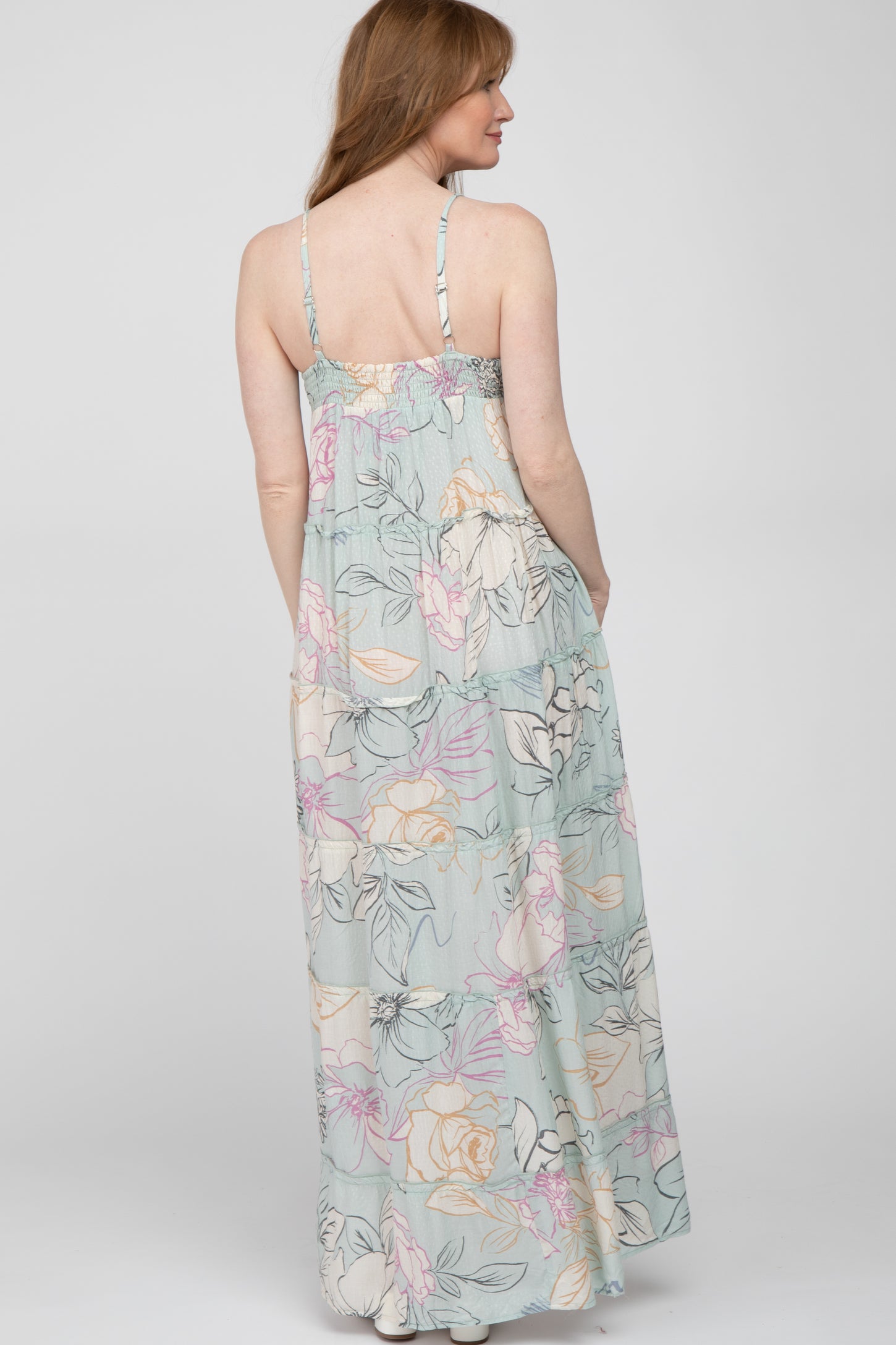 Light Blue Floral Front Tie Empire Maxi Dress