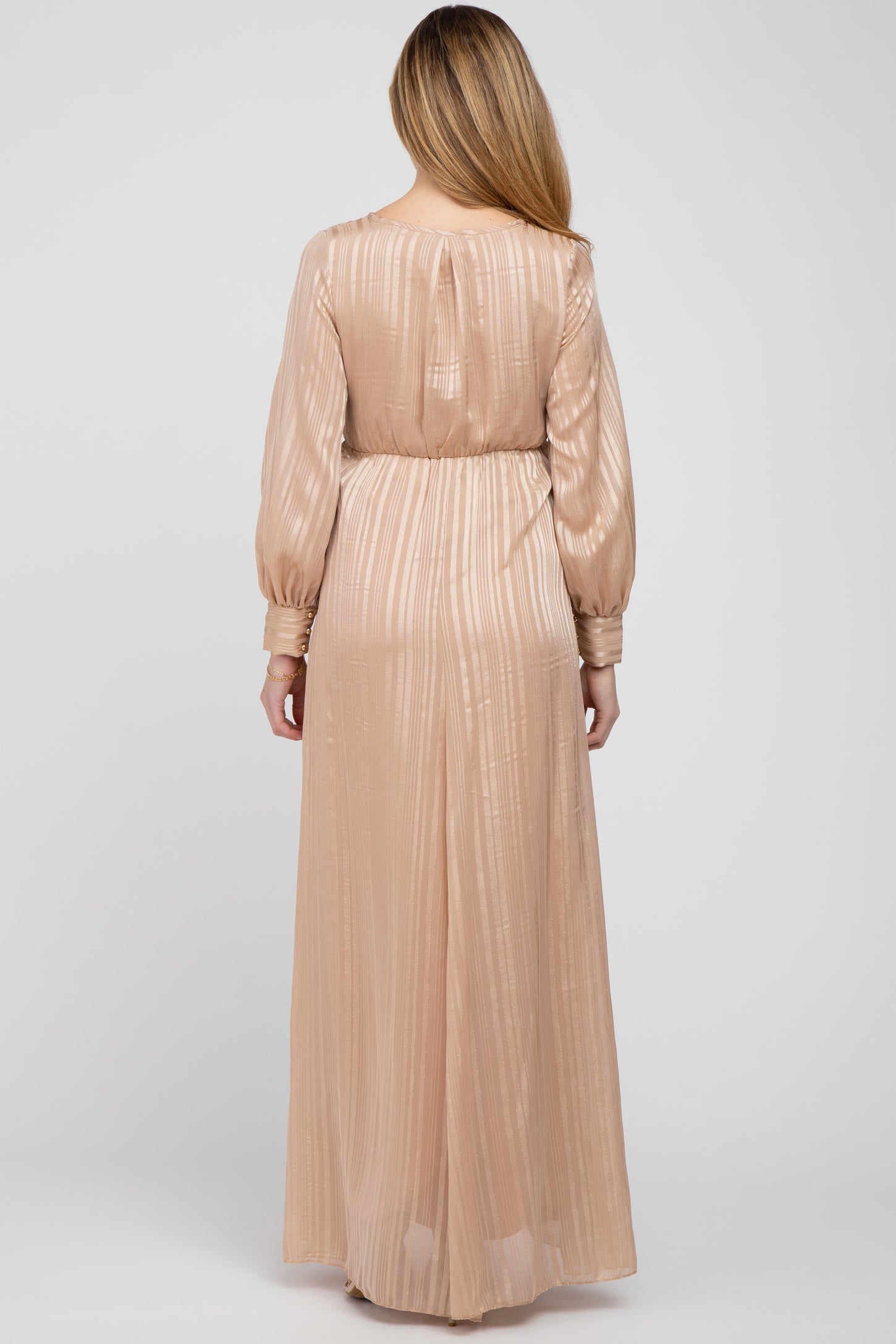 Taupe Striped Shimmer Chiffon Maternity Maxi Dress