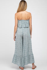 Blue Floral Strapless Ruffle Hem Maternity Jumpsuit