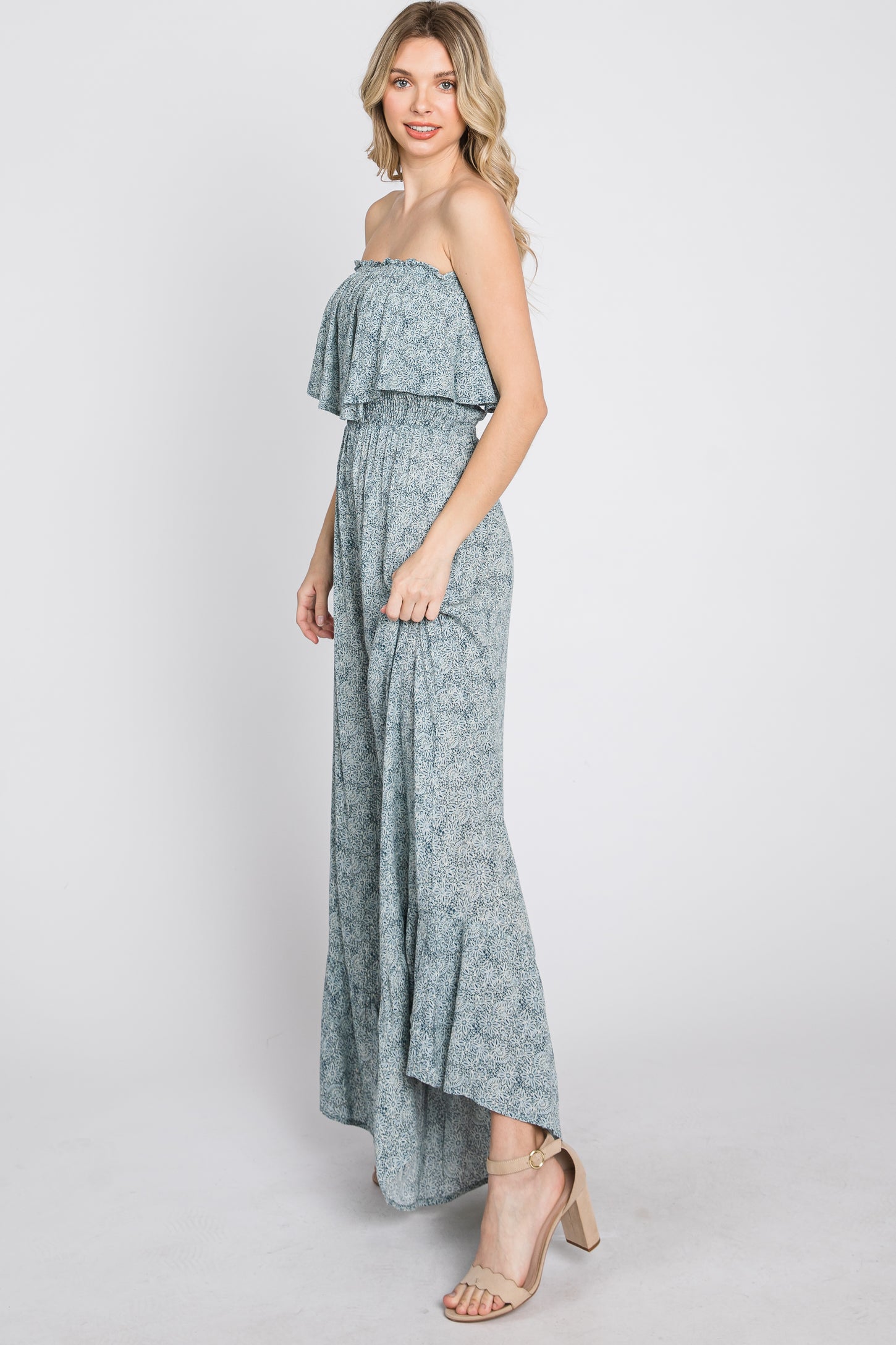 Blue Floral Strapless Ruffle Hem Jumpsuit