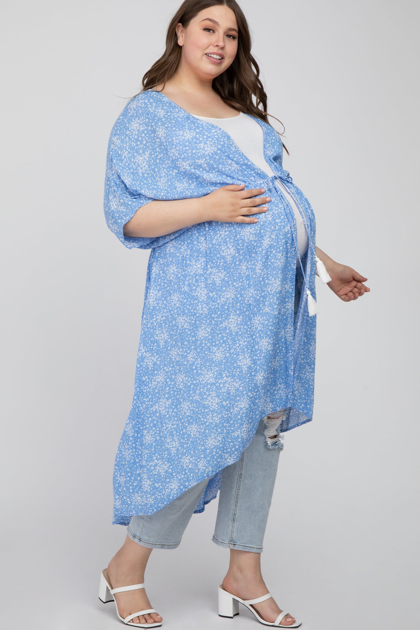 Light Blue Floral Tie Front Maternity Plus Cover Up