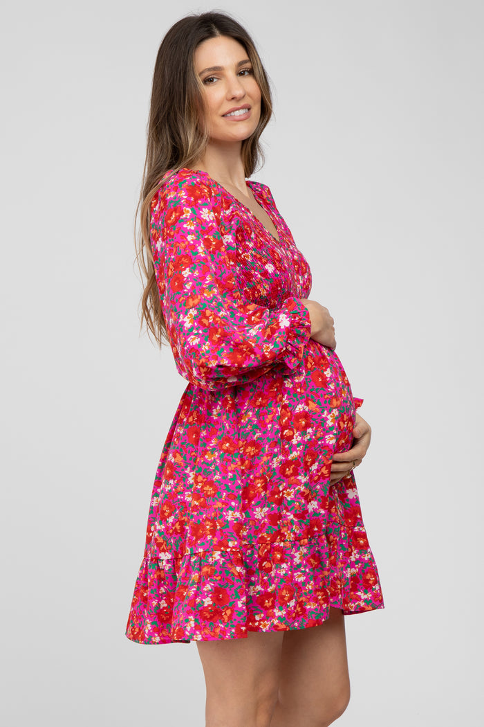 Fuchsia Floral Smocked Front Ruffle Trim Maternity Dress
