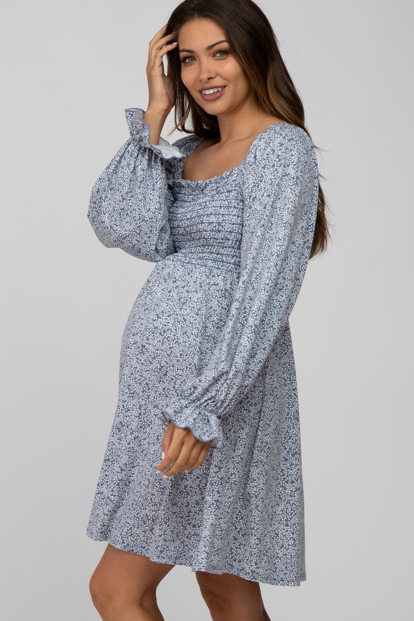 Blue Floral Smocked Long Sleeve Maternity Dress