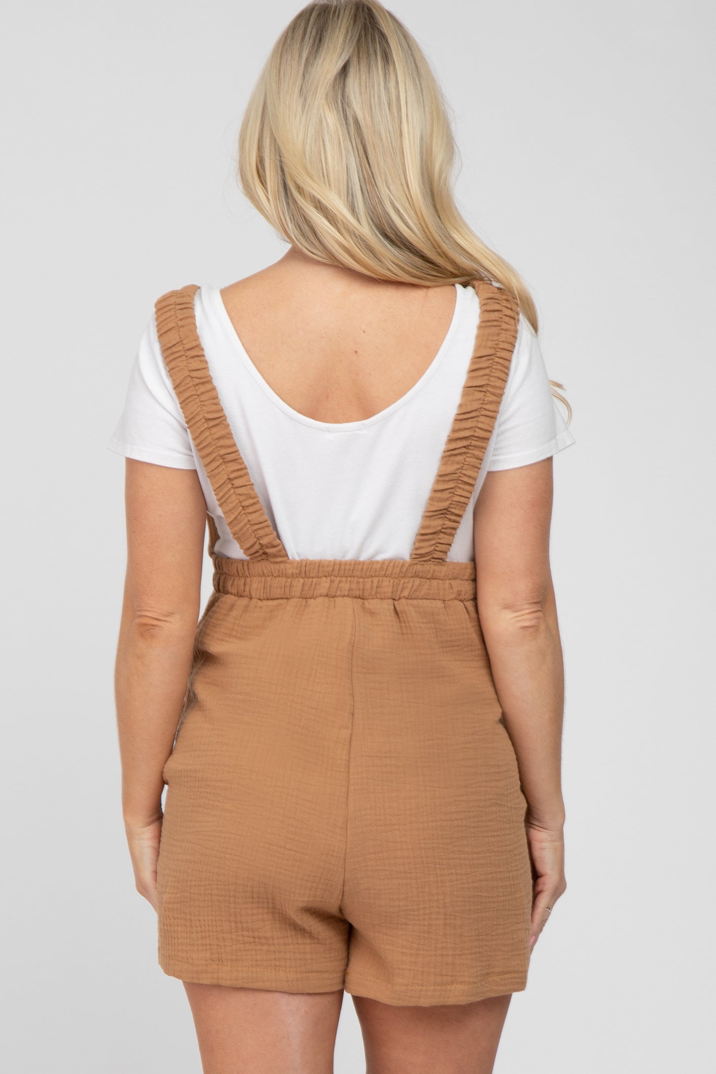 Camel Square Neck Elastic Strap Maternity Romper
