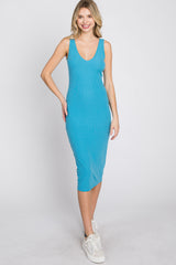 Aqua Sleeveless Ribbed Knit Fitted Dress