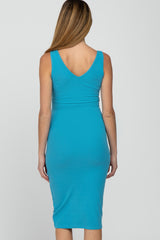 Aqua Sleeveless Ribbed Knit Fitted Maternity Dress