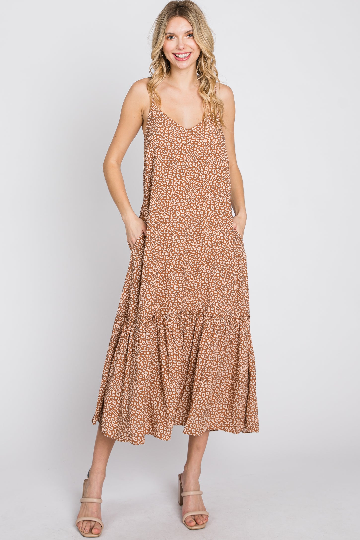 Camel Animal Print Ruffle Hem Midi Dress