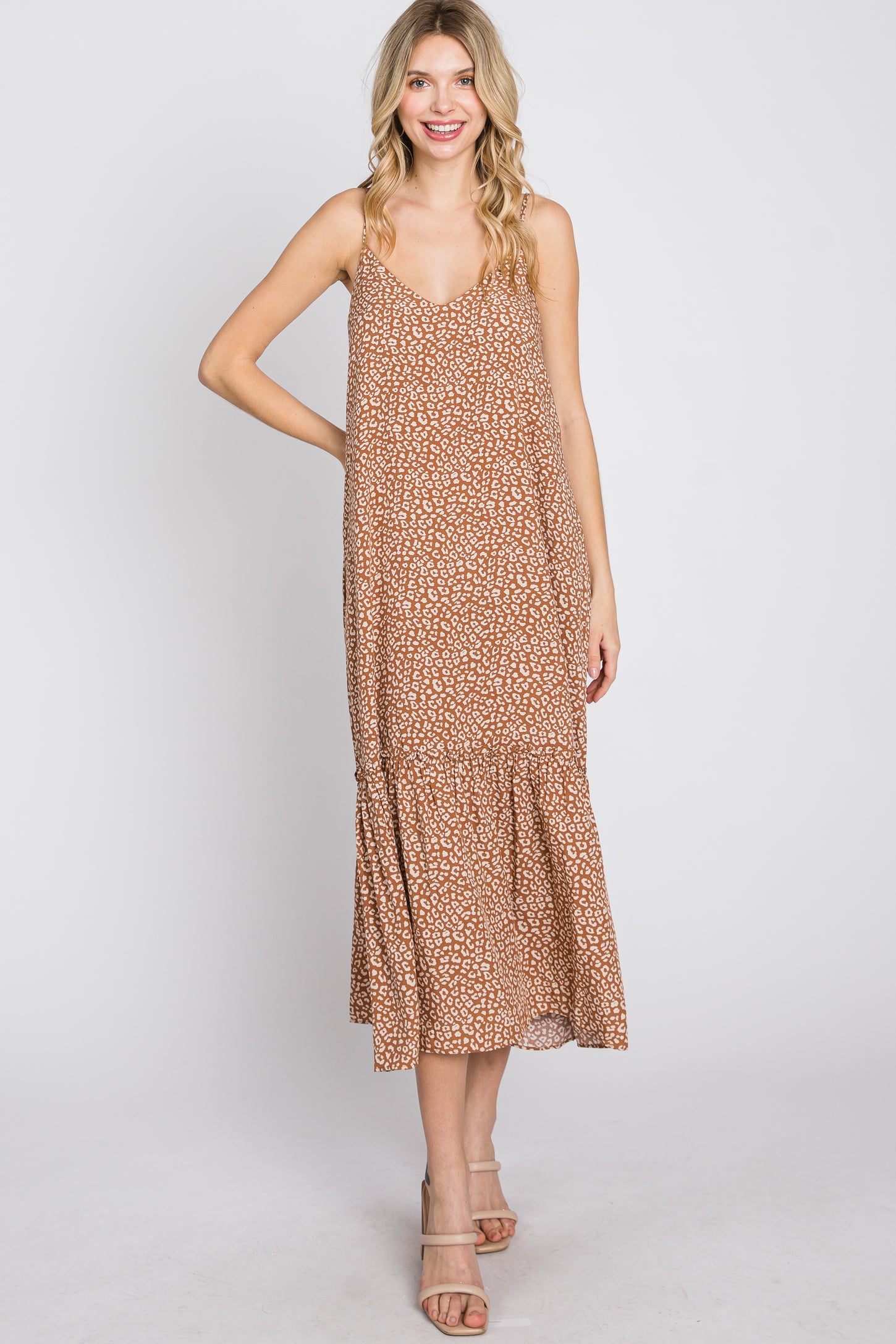 Camel Animal Print Ruffle Hem Midi Dress