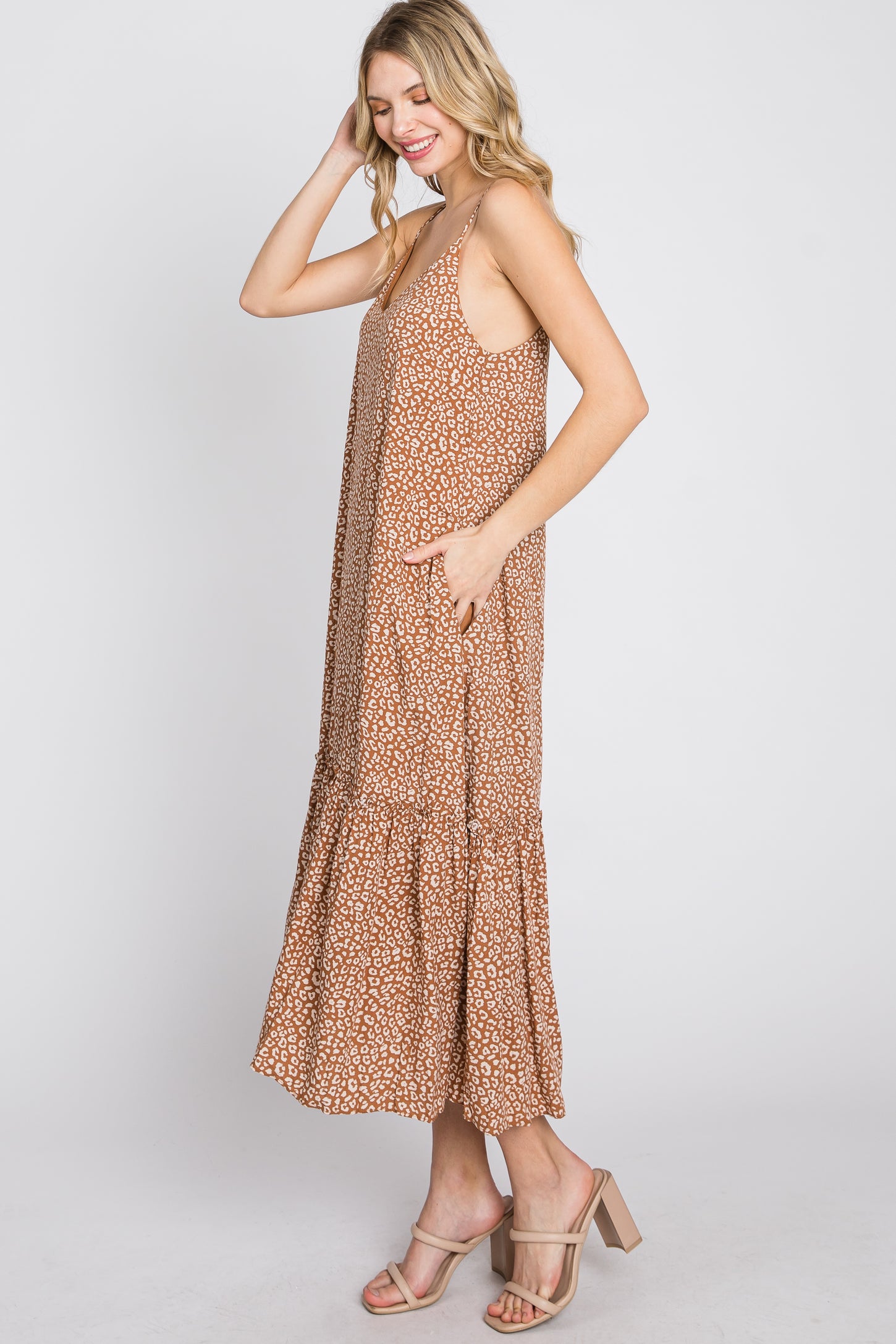 Camel Animal Print Ruffle Hem Midi Dress