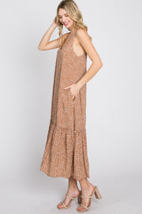 Camel Animal Print Ruffle Hem Midi Dress