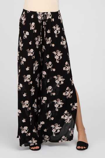Black Floral Split Hem Maternity Pants