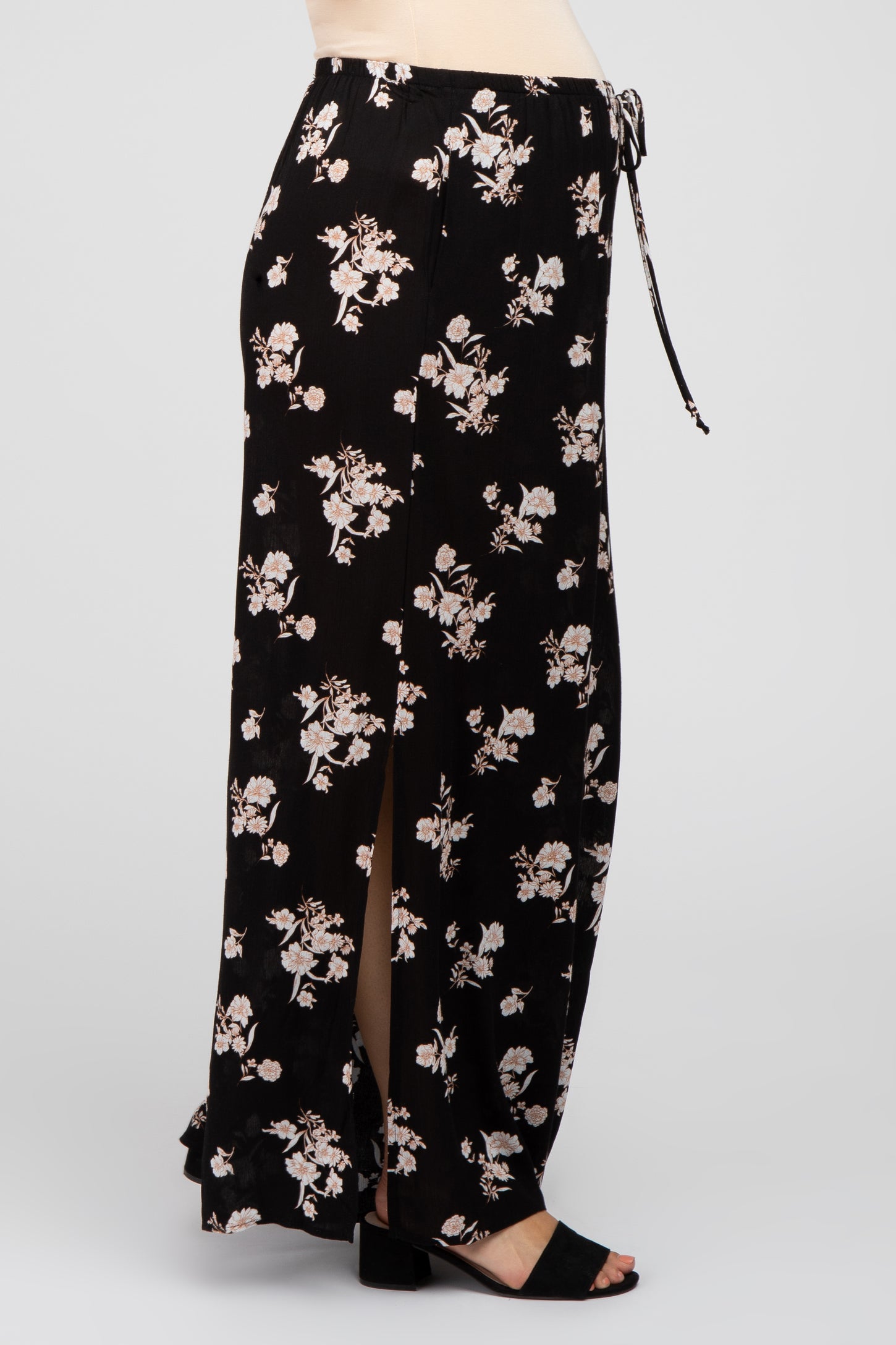 Black Floral Split Hem Maternity Pants