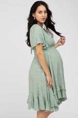 Light Olive Floral Smocked Ruffle Maternity Dress