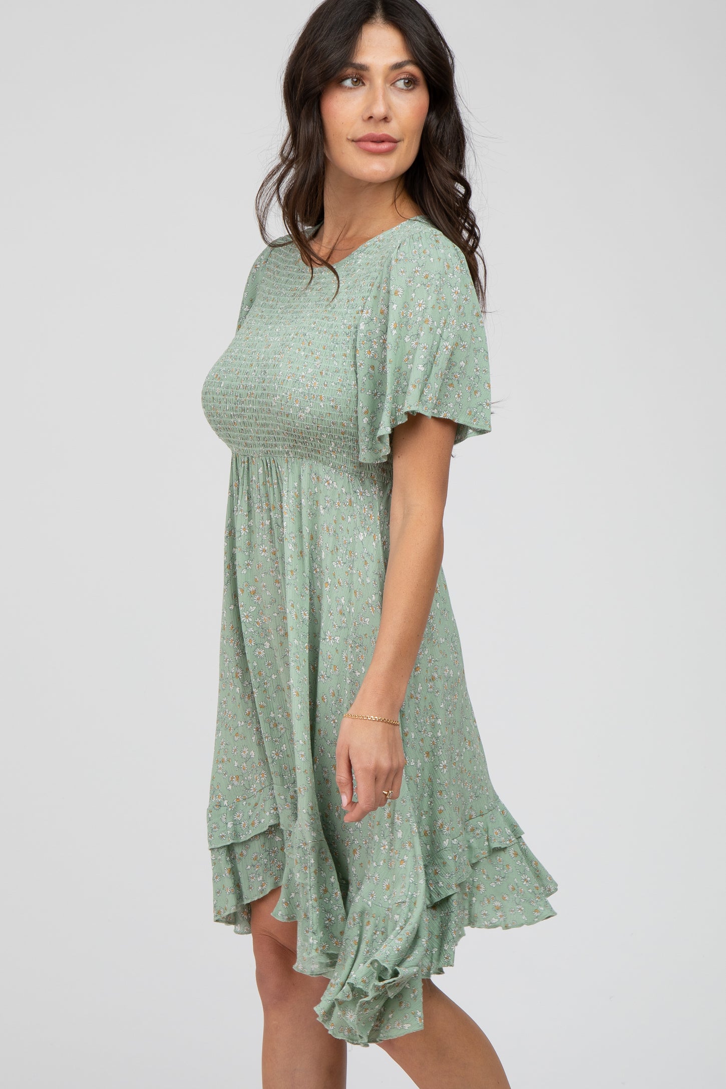 Light Olive Floral Smocked Ruffle Dress