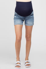 Blue Distressed Cuff Maternity Jean Shorts