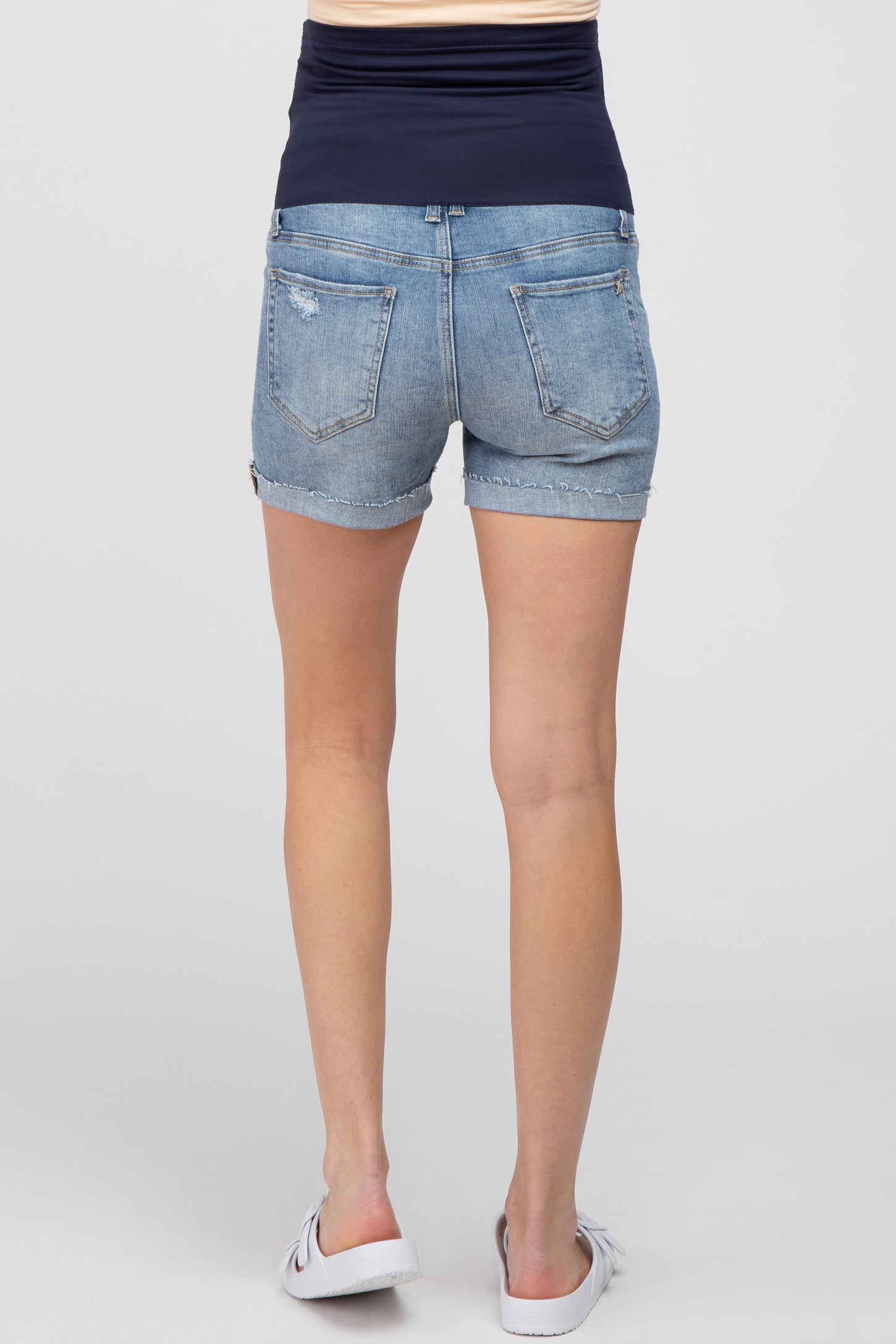 Blue Distressed Cuff Maternity Jean Shorts