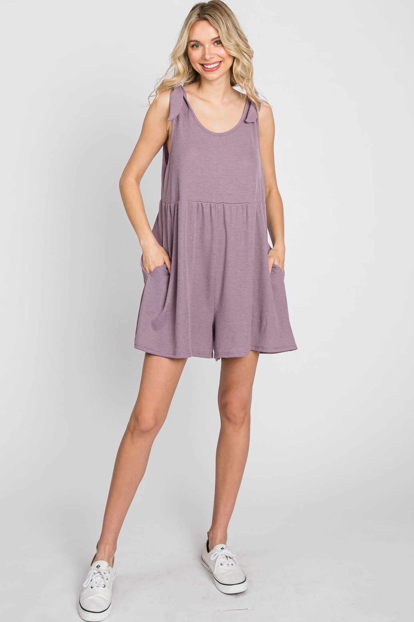 Lavender Waffle Knit Shoulder Tie Romper