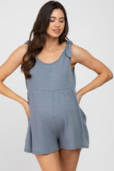 Blue Waffle Knit Shoulder Tie Maternity Romper