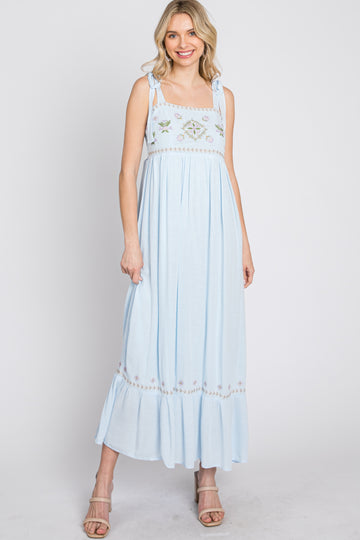 Light Blue Floral Embroidered Sleeveless Maxi Dress