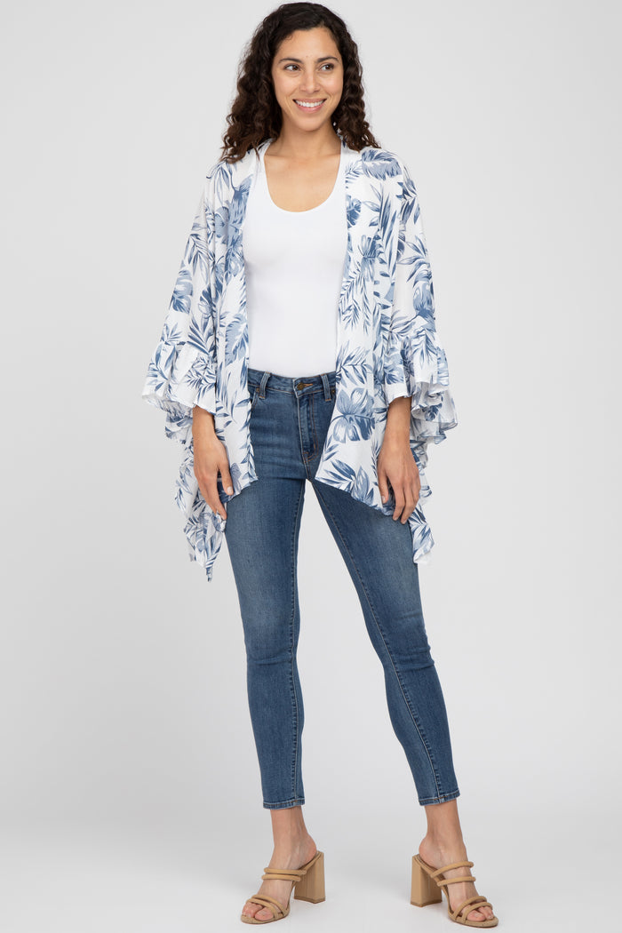 Navy Leaf Print Ruffle Accent Coverup
