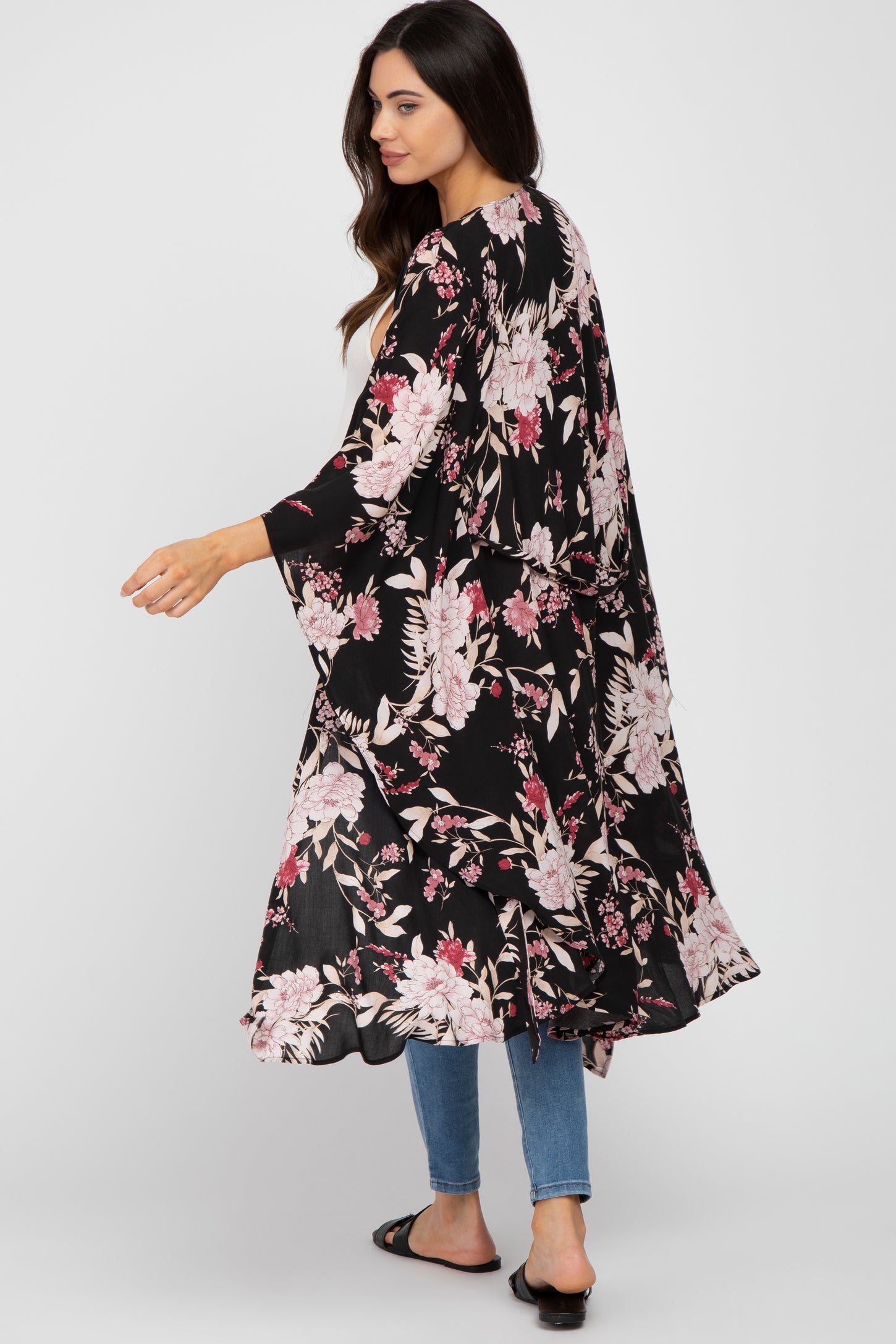 Black Floral Flowy Round Hem Maternity Cover-Up