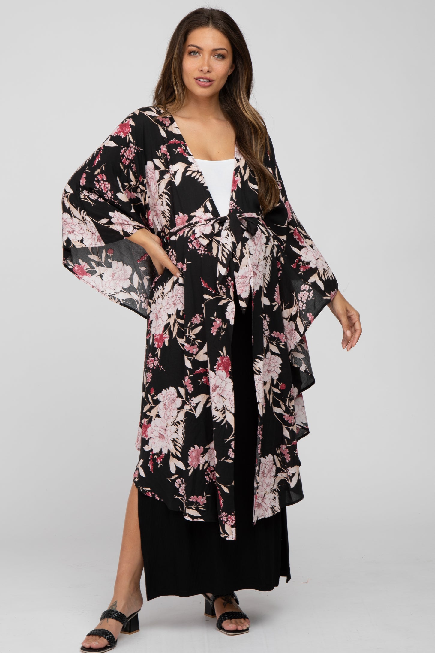 Black Floral Flowy Round Hem Maternity Cover-Up