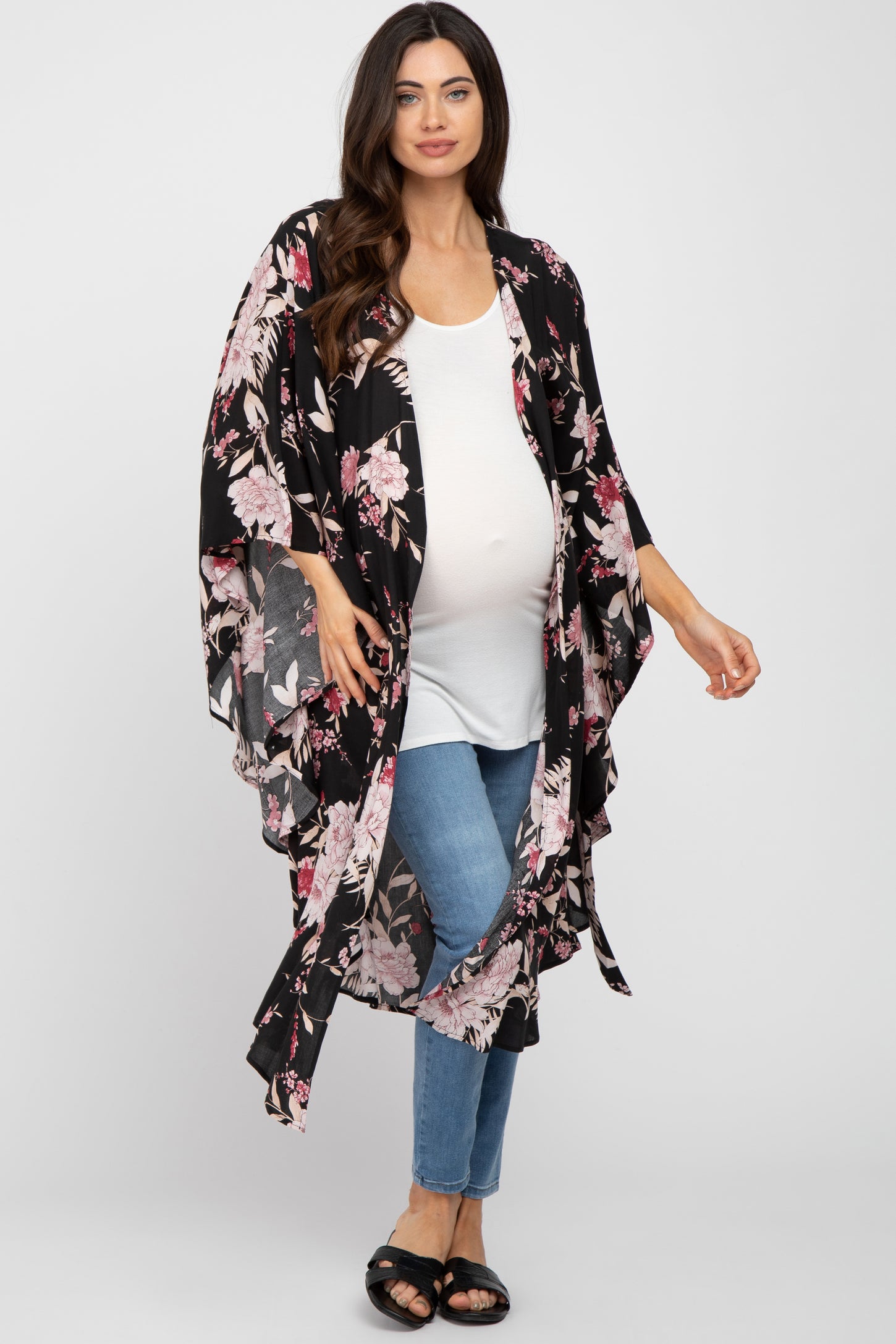 Black Floral Flowy Round Hem Maternity Cover-Up