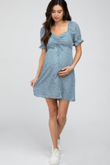 Blue Floral Cinched Sweetheart Neck Maternity Dress