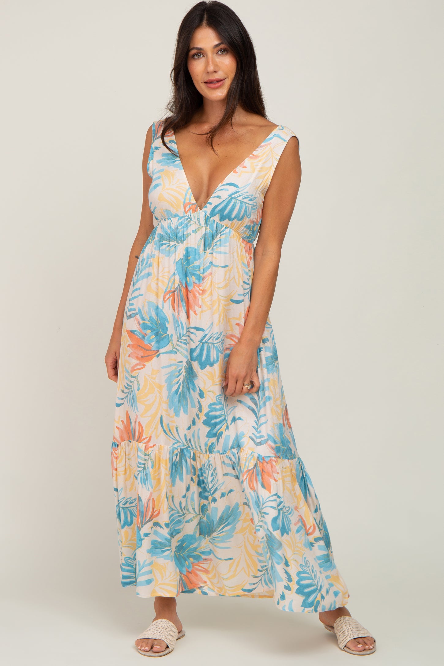 Multicolor Leaf Print Sleeveless Maternity Maxi Dress