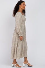 Light Olive Floral Square Neck Midi Dress