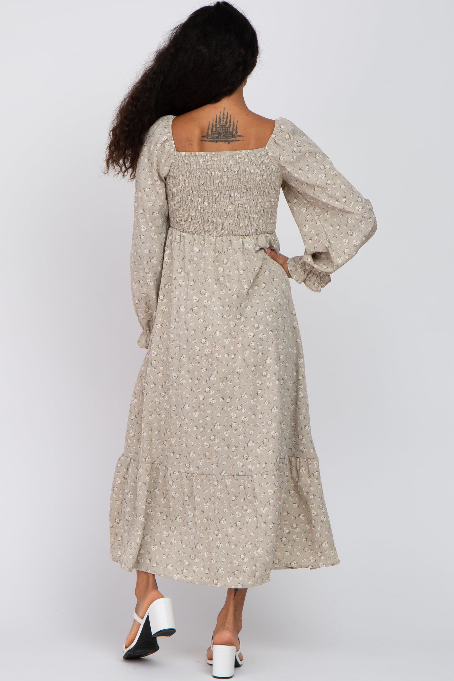 Light Olive Floral Square Neck Midi Dress