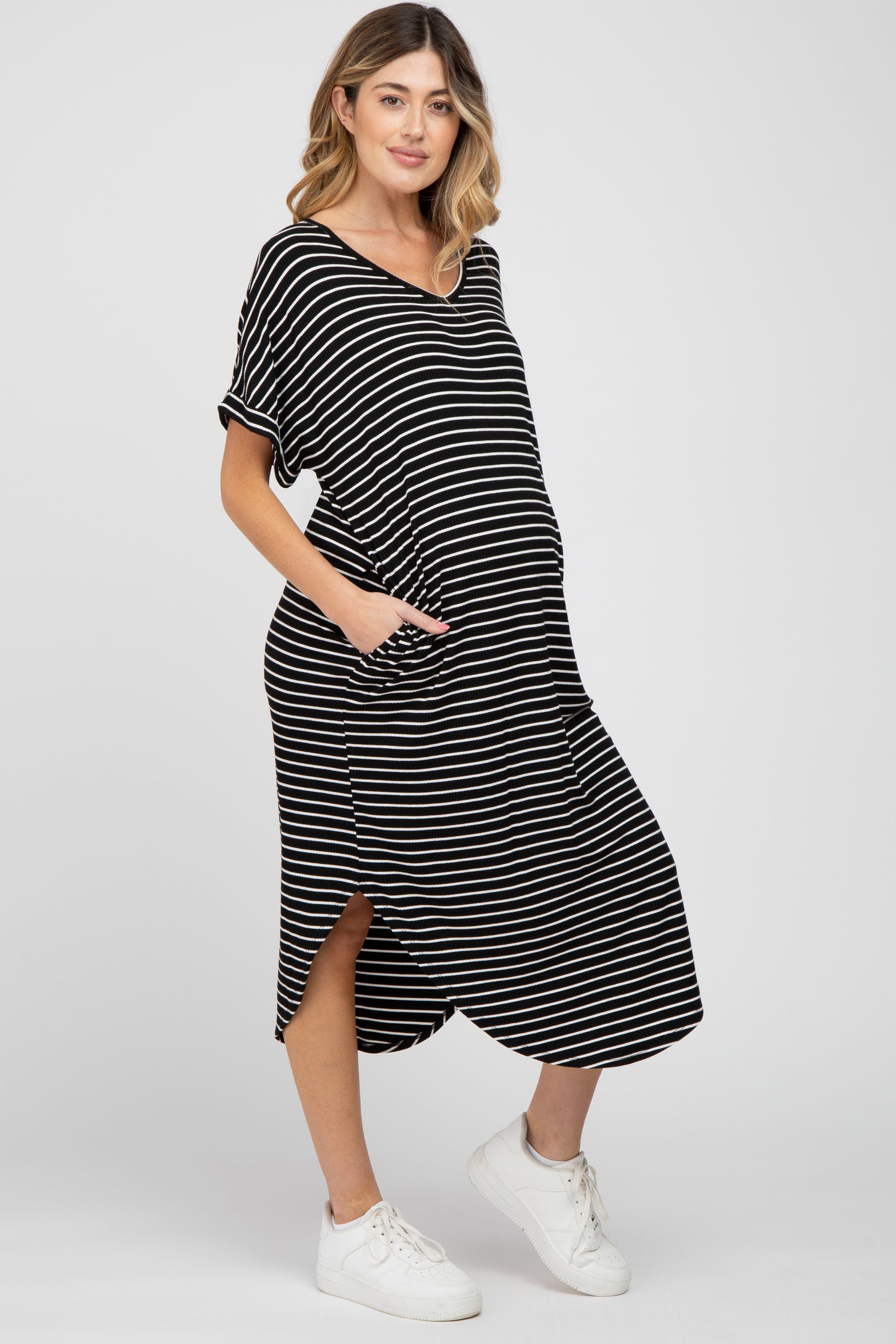 Black Striped Ribbed Curved Hem Maternity Midi Dress
