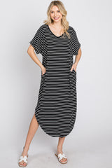 Black Striped Ribbed Curved Hem Midi Dress