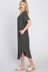 Black Striped Ribbed Curved Hem Midi Dress