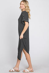 Black Striped Ribbed Curved Hem Midi Dress