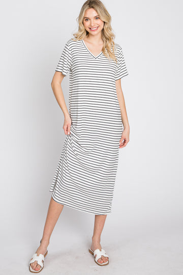 Ivory Striped Ribbed Midi Dress