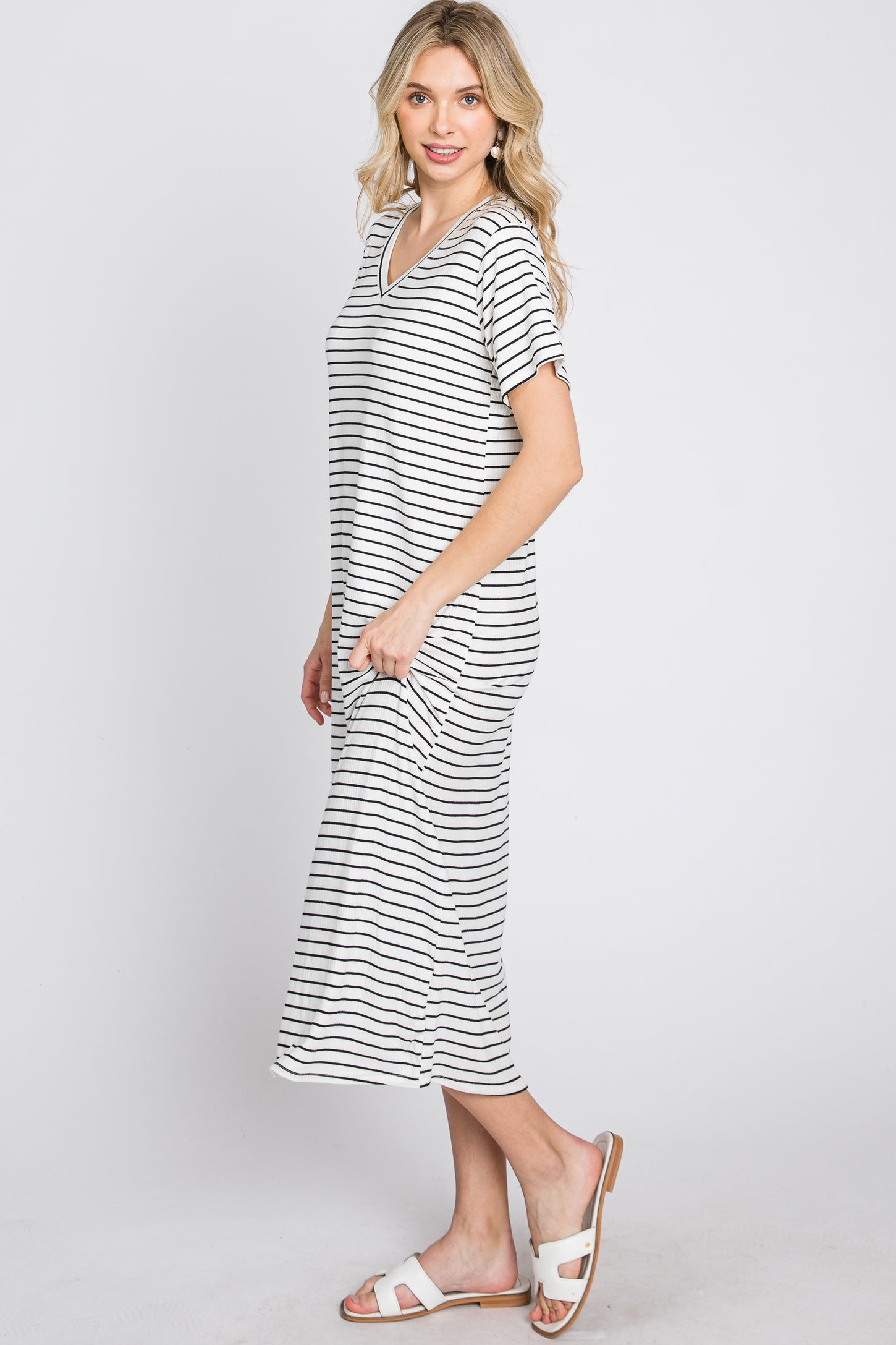 Ivory Striped Ribbed Midi Dress