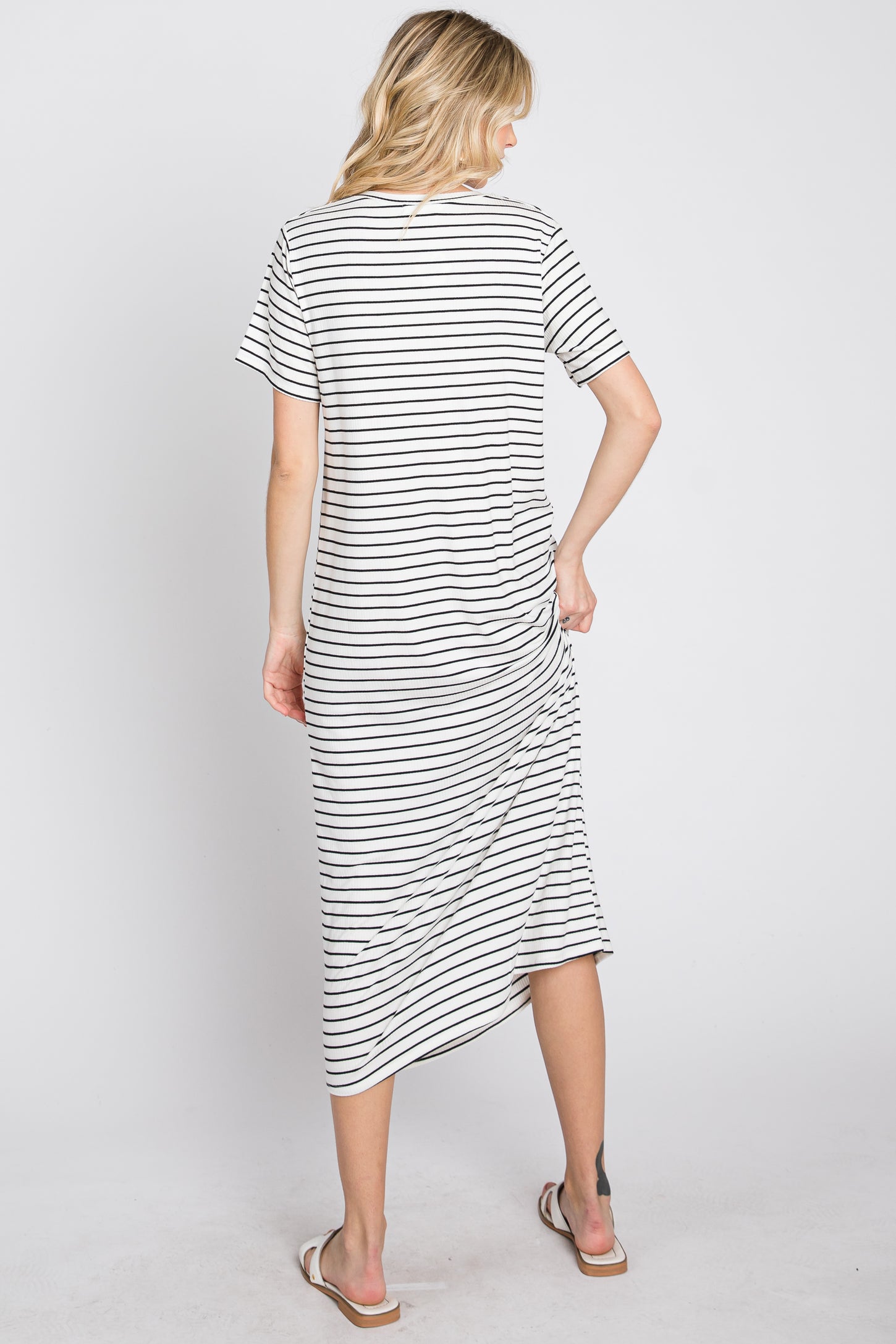 Ivory Striped Ribbed Midi Dress