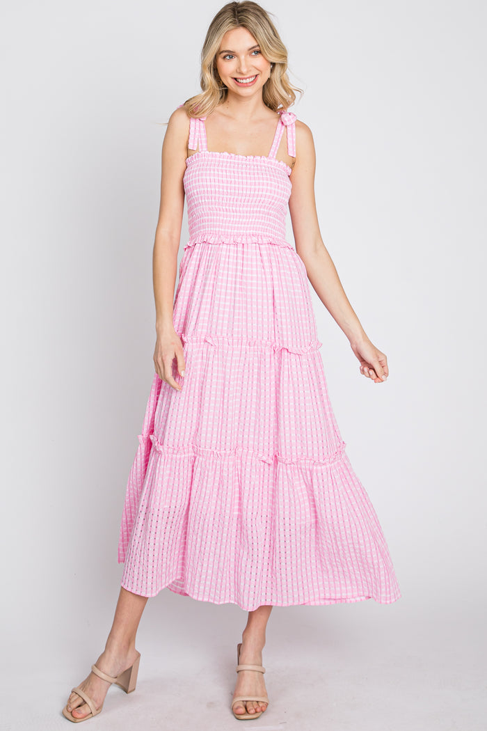 Pink Striped Smocked Shoulder Tie Maternity Midi Dress