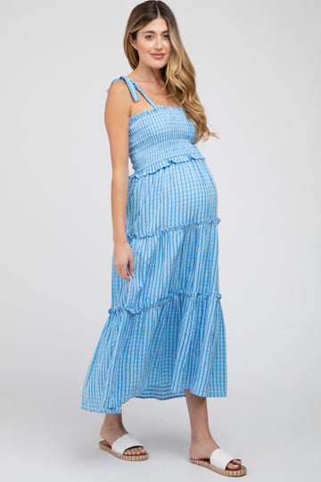 Blue Striped Smocked Shoulder Tie Maternity Midi Dress