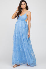 Blue Crochet Lace Open Back Maternity Maxi Dress