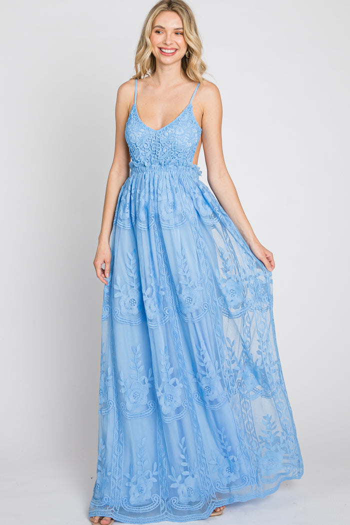 Blue Crochet Lace Open Back Maternity Maxi Dress