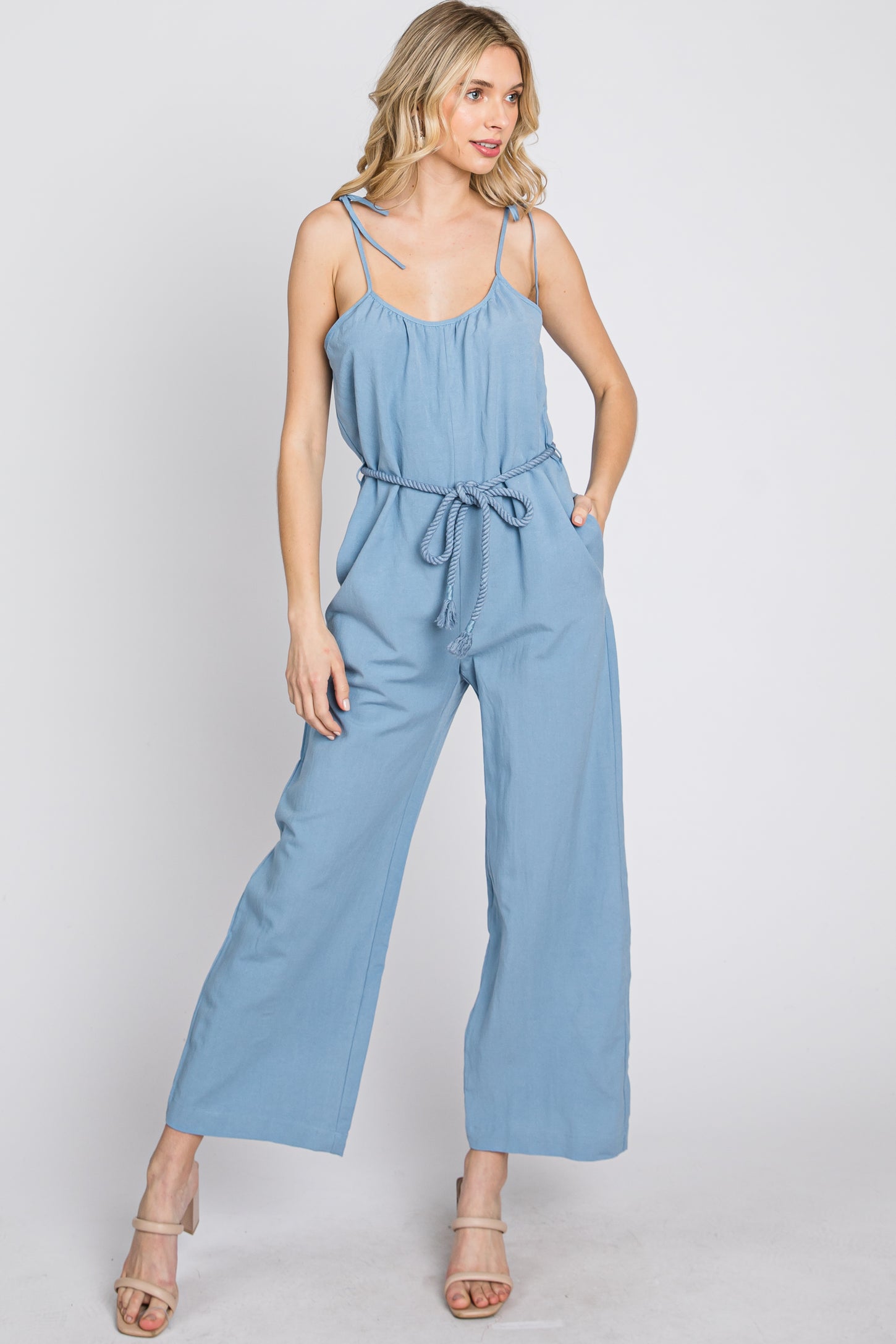 Blue Shoulder Tie Linen Jumpsuit